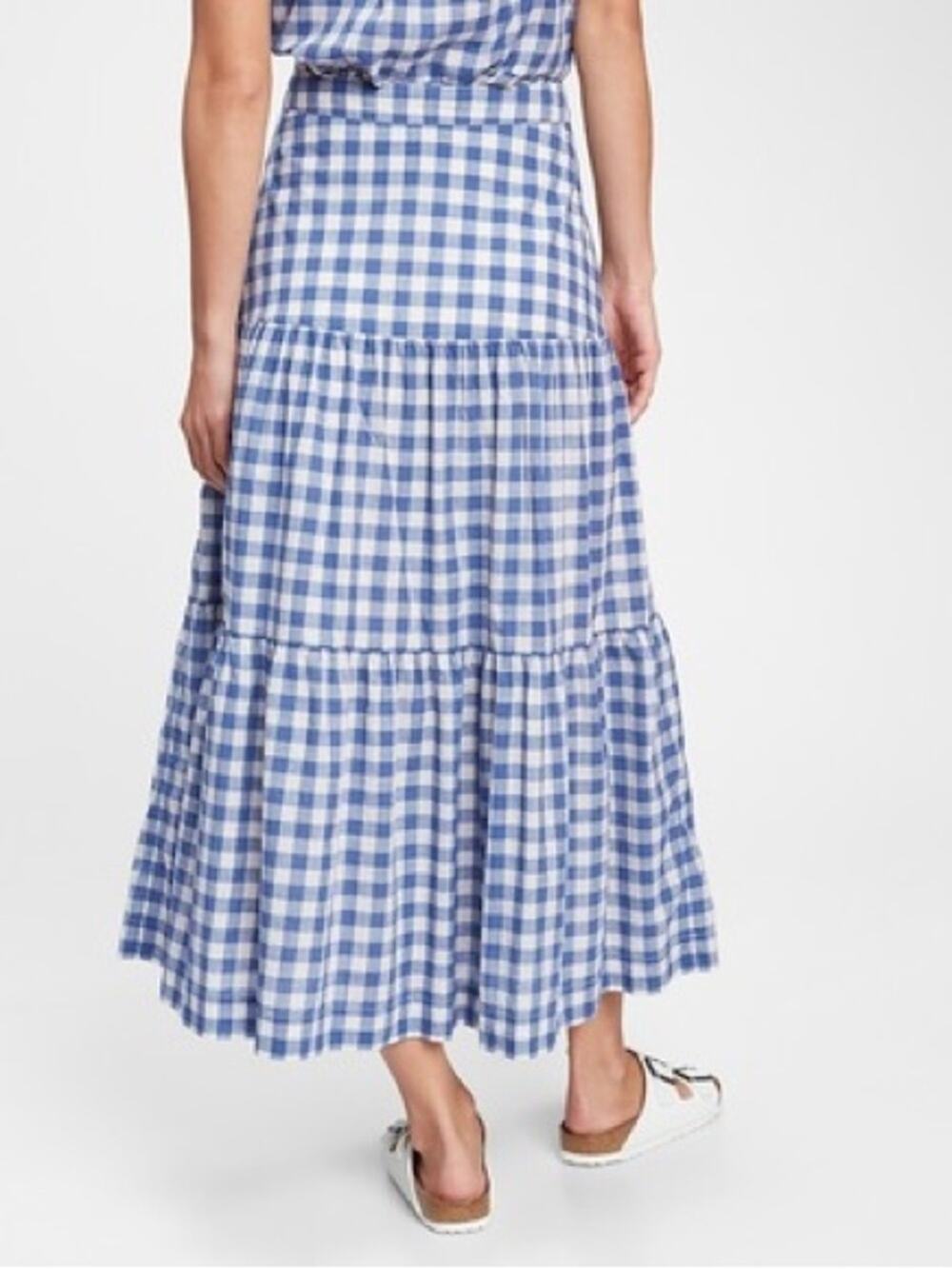 GAP 100% Cotton Tiered Maxi Skirt Blue Gingham Print Spring Size 2